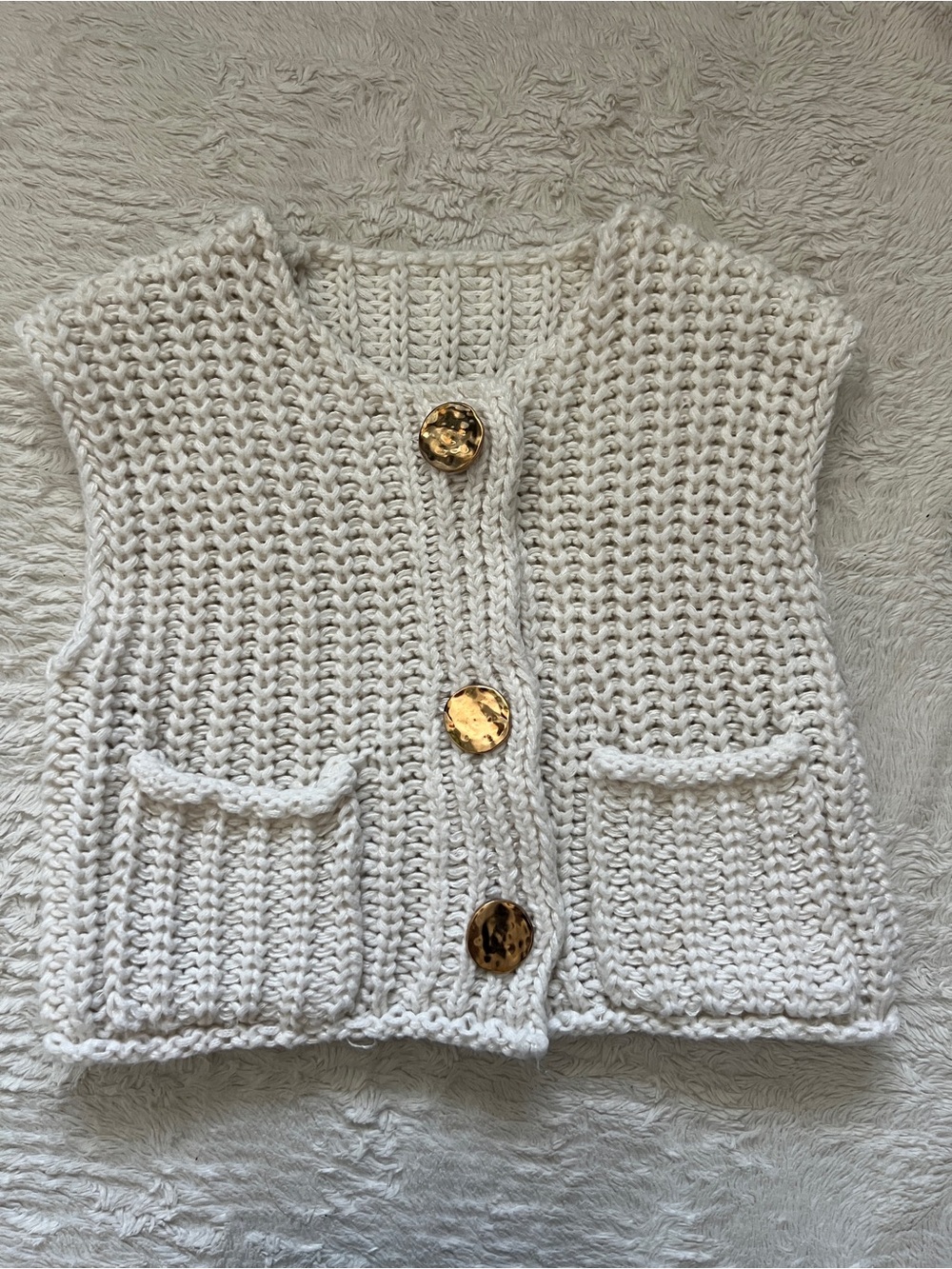 Cream Chunky Knit Gold Button Front Sweater Vest - Size Extra Small XS